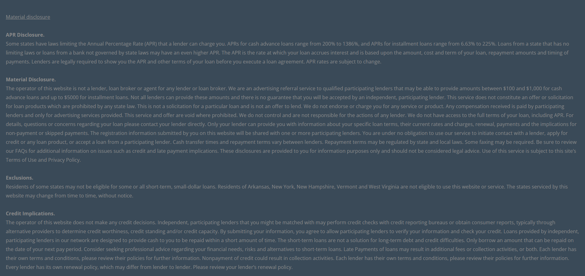 Material disclosure for payday loans in Lincoln Nebraska